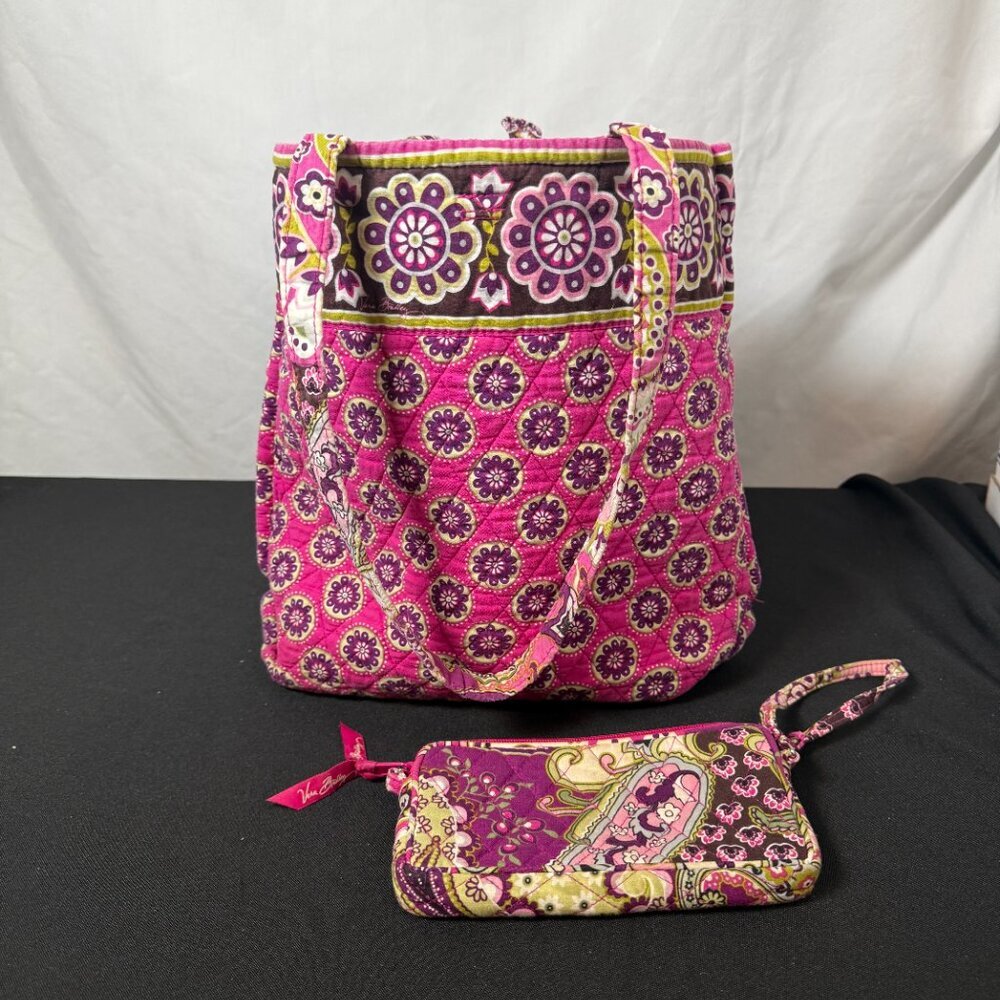 Vera Bradley Quilted Tote Bag Pink Purple Floral + Matching Wristlet Set - Picture 3 of 12